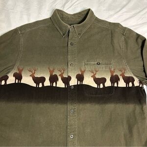 Vtg Woolrich Flannel Shirt Mens XL Olive Green Wrap Around Deer Print Chamois
